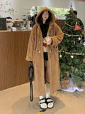 Nukty Winter Fleece Jacket Women Korean Fashion Lamb Wool Long Coat Female Vintage Casual Long Sleeve Horn Button Hooded Outerwear