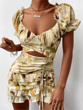 Nukty Women's 2024 Spring Summer New Fashion Print Drawstring Ruffle Edge Sexy Off Waist Short Sleeve Casual Office Dress