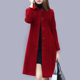 Nukty Autumn/Winter Elegant Office Lady Thin&Thick Woolen Coat Women Chic All-Match Solid Straight Mid-Length Windbreaker With Pocket