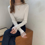 Nukty Spring Half Turtleneck Knitted Women's Sweaters New Mesh Patchwork Long Sleeve Bottoming Sweater Female Slim Tops