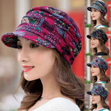 Nukty Women Hat Short Brim Warm Foldable Earflap Women Cap Ethnic Style Floral Print Autumn Winter Hat Daily Clothing Turban Visor