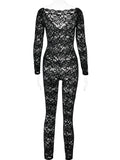 Nukty Sexy Deep V-neck See Through Lace Jumpsuits Women's 2024 Long Sleeve Hollow Out Black Bodysuit Night Club Outfits Streetwear