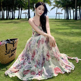 Nukty 2024 Summer Chiffon Beach Maxi Dress Women Fashion Print Floral Backless Bandage Slip Dress Elegant Evening Party Fairy Dresses