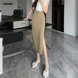 Nukty High Waist Side Split Women's Office Wrap Skirts New Spring Summer Korean Solid Pleated Straight Midi Black Skirts Ladies