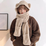 Nukty Cute Bear Ear Hat Scarf Set Kawaii Women Winter Beanies Caps Warm Casual Plush Hat Casual Female Keep Wammer Anime Gift