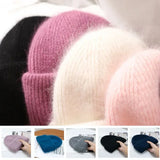 Nukty 21colors Autumn Angola Rabbit Fur Knitted Beanies Winter Skullies Women's Hat Fashion Solid Warm Cashmere Wool Three Fold Thick