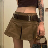 Brown Belted Mini Skirt Low Waisted Pleated Skirt with Belt Women Academia Aesthetic Vintage Outfit