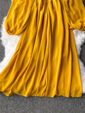 Nukty Autumn Women Slash Neck Long Sleeve Midi Dress Female Yellow/Red/Pink High Waist Ruffle Big Swing Chiffon Robe Fashion New