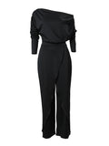 Nukty Elegant Jumpsuits for Women 2024 Spring New Plain Elegant Office Lady Loose Ruched Cold Shoulder Split Hem Wide Leg Jumpsuit