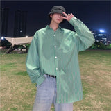 Nukty Striped Loose Causal Long Sleeve Shirts Man Button Handsome Turn-down Collar Spring Autumn Office Men's Clothing Green