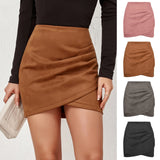 Suede Irregular Skirts Summer Women High Elastic Waist Pleated Zipper Skirt