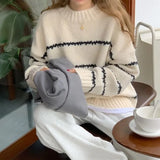 Nukty Women Mock Neck Thicken Warm Sweater Long Sleeve Stripe Knit Oversize Pullovers O-Neck Loose Casual Sweater Women Winter