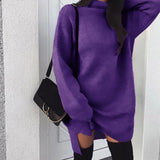 Nukty Fleece High Neck Side Slit Casual Long Sleeve Sweatshirt Short Dress Woman Dress Autumn Winter All-match Simple Basic Sportwear