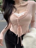 Nukty Sweet Ruffles Knitted Sweater Women Korean Fashion Hotsweet Skinny Cardigan Female Lace Patchwork Drawstring Fake Two Pieces Top