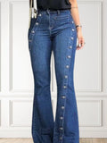 Nukty Women High Jeans Fashion Plain Button Decor Flare Leg Long Denim Pants Vintage Casual Streetwear Female Flare Denim Pants