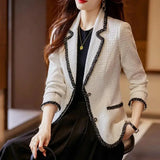 Nukty Autumn Winter Ladies Casual Blazer Women Black Green Beige Plaid Jacket Female Long Sleeve Single Breasted Slim Coat