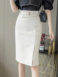 Nukty Spring Summer Buttons Women's Wrap Midi Skirts New High Waist Workwear Front Split Sheath Pencil Skirts Female