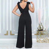 Nukty Elegant Jumpsuits & Rompers for Women V Neck Sleeveless Belt Waisted Straight Luxury Female Birthday Party Dinner Outfits Cloth