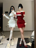 Nukty Christmas New Years Bodycon Knitted Mini Dress Women Casual Long Sleeve Sweet Elegant Even Party One Piece Dress Korean Fur