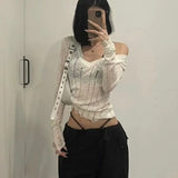 Nukty Coquett Y2K Women's Knit Sweater Hollow Out Knitwear V Neck Pullovers Spring See Through Jumper Harajuku Fashion Grunge