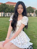 Nukty High Waist Dress Women Summer Floral Sweet Square Collar Puff Sleeve Princess Girlish Tender Elegant Korean Style Preppy Chic
