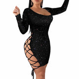 Nukty Women Dress Gown Black Long Sleeve Sexy Sexy Lady Bodycon Hollow Short Dresses Party Night Club Summer Vestido