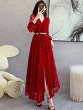 Designer Fashion Autumn Dress Women Sexy V Neck Full Sleeve Red Lace Hollow Out Flower Elegant Long Dresses With Belt