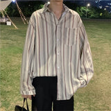 Nukty Striped Loose Causal Long Sleeve Shirts Man Button Handsome Turn-down Collar Spring Autumn Office Men's Clothing Green