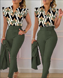 Nukty business casual outfits Womens Elegant Slim Two-Piece Sets Summer Fashion Print V Neck Button Flying Sleeve Shirt Top & Solid Long Pants Suits With Belt