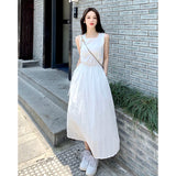 Summer Square Collar Embroider White Dress Women Elegant Party Solid Drawstring Female Sundress Fashion Chic Midi Dresses