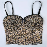 Nukty Leopard Print Mesh Camis Streetwear Y2K Vintage Lace Bow see Through Sexy Summer Backless Crop Top Women Mini Vest 2024