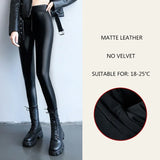 Nukty Autumn Winter Velvet Thick Warm Leather Pants Women Elastic PU High Waist Leggings Black Casual Slimming Fleece Trousers