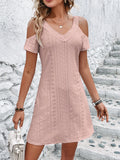 Nukty Solid Color Off Shoulder V Neck White Dress Short Sleeve Hollow Out Lace Mini Dresses Elegant Women Clothing Summer Vestidos