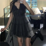 Sexy Gothic Woman Dresses Mini V-neck Black Short Sleeveless Dress Mesh Hotsweet Vintage One-piece Party Dress Summer