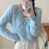 Nukty Women Mohair Cardigan Blue Soft Fuzzy Knit Sweater with Pearl Button Autumn Winter