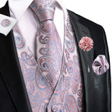 Nukty Wedding Peach Pink Mens Vests Silk Paisley Jacquard Waistcoat Tie Hanky Cufflinks Brooch Set for Men Suit Formal Business Hi-Tie