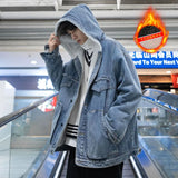 Nukty Men Winter Fleece Hooded Jean Jackets Blue Cowboy Outerwear Thick Warm Denim Coats Big Pockets Men Denim Jacket Plus Size 4XL-S