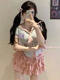 Nukty Pink Kawaii Skirt Women Ruffle Patchwork Layered Bow High Waist Cute Mini Skirt Shorts Harajuku Japanese Style Soft Girl