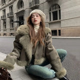 Nukty Winter Coat Women Faux Deerskin Leather Fur Jacket Fashion Streetwear Lapel Short Motorcycle Biker Coats Outwear Mujer Tops