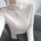 Nukty Autumn High Neck Lace Long Sleeve Thick & Thin Fleece Women Basic T-Shirt All-Match Elegant Trend Top Slim Sexy Sweet Underwear