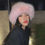 Nukty y2k Fluffy Faux Fur Bucket Hat Women Rabbit Fur Warm Thick Plush Winter Hat Lady Luxury Fashion Furry Panama Fisherman Cap