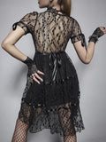 Nukty Lace Mall Gothic Aesthetic Black Women Dresses Grunge See Through Sexy Puff Sleeve Mini Dress A-line Summer Partywear