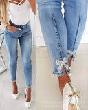 Nukty Beaded Slit Bowknot Decor Jeans Autumn Women Pearl Bow Casual Loose Splice Sheath Long Pants Slim Fit Denim Pencil Trousers