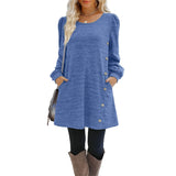 Nukty Fashion Women Round Neck Solid Color Button Long Sleeve Casual Loose Dress Vestido Feminino Dresses For Women New платье