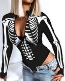 Nukty Women Top Romper V Neck Skulls Slim Casual Halloween Skeleton Print Zip Front Long Sleeve Bodysuit Sexy Bodysuits