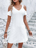 Nukty Solid Color Off Shoulder V Neck White Dress Short Sleeve Hollow Out Lace Mini Dresses Elegant Women Clothing Summer Vestidos