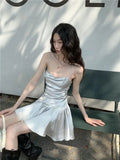 Nukty Sexy Satin Mini Dress Summer 2024 Women Evening Party Dress Y2k Backless Beach Dresses Ruffle Bandage Korean Fashion