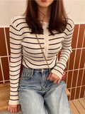 Nukty Women T-shirts Elegant Stripes Knitted Tees Buttoned Up Long Sleeve Slim Women Knitted T-shirts Autumn Winter