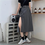 Nukty Vintage Dark Gothic High Split Mid-Calf Skirts Women Elegant Fashion Party Club High Waist Femme Bottom Streetwear Goth Skirt