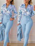 Nukty business casual outfits Elegant Women Printed Two Piece Suit Sets Spring Autumn V Neck Long Sleeve Shirt Top & Long Pants Set With Belt Workwear Outfits